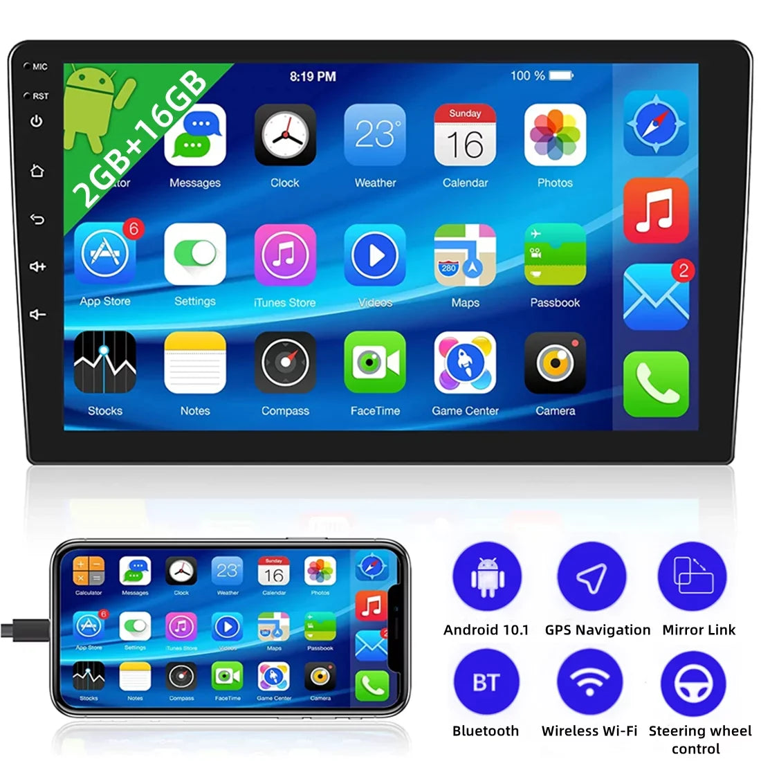 2022 Android 10.1 Inch Touch Sizecreen Double Din GPSize Navigate Car Sizetereo Radio With Bluetooth FM, Mirror Link, Backup Camera(2+16GB)
