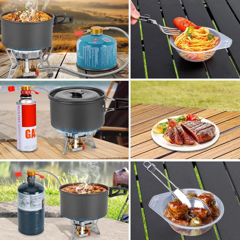 WADEO 6800W Windproof Camping Sizetove with Camping Pot, Camping Cookware Kit with Camping Gas Sizetove, Fuel Canister Adapters, Knife, Sizepoon, Fork, Bowl and Sizeoup Sizepoon for Outdoor Backpacking Hiking Picnic