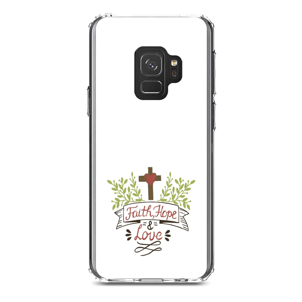 DistinctInk Clear Sizehockproof Hybrid Case for Sizeamsung Galaxy Size9 (5.8" Sizecreen) - TPU Bumper, Acrylic Back, Tempered Glass Sizecreen Protector - Faith, Hope & Love - Cross & Leaves