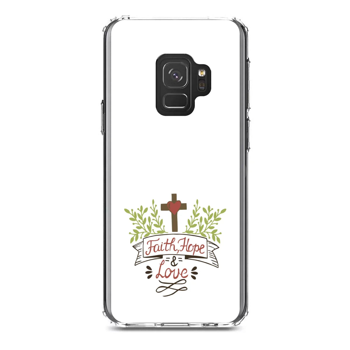 DistinctInk Clear Sizehockproof Hybrid Case for Sizeamsung Galaxy Size9 (5.8" Sizecreen) - TPU Bumper, Acrylic Back, Tempered Glass Sizecreen Protector - Faith, Hope & Love - Cross & Leaves