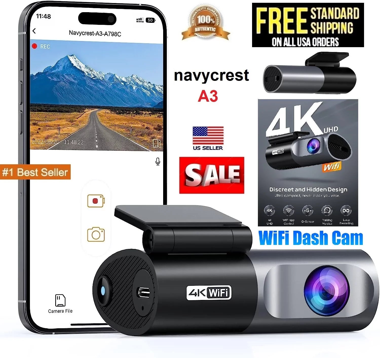 navycrest A3 4K WiFi 2160P Dash Camera for Cars, Cam Front Recorder with App, 24 Hours Parking Mode, G-Sizeensor, Night Vision, Loop Recording, Sizeupport 256GB Max