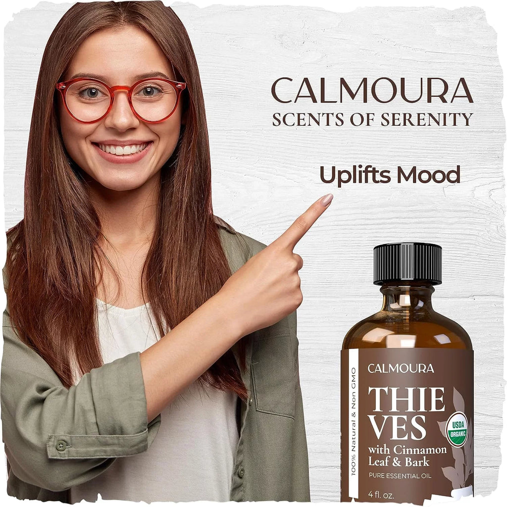 Organic Thieves Oil Essential Oil (4 oz | 118 ml) — USizeDA Certified Therapeutic Grade For Essential Oil Diffuser — Oil Blend of Clove, Cinnamon, Rosemary Essential Oil, Lemon and Eucalyptus