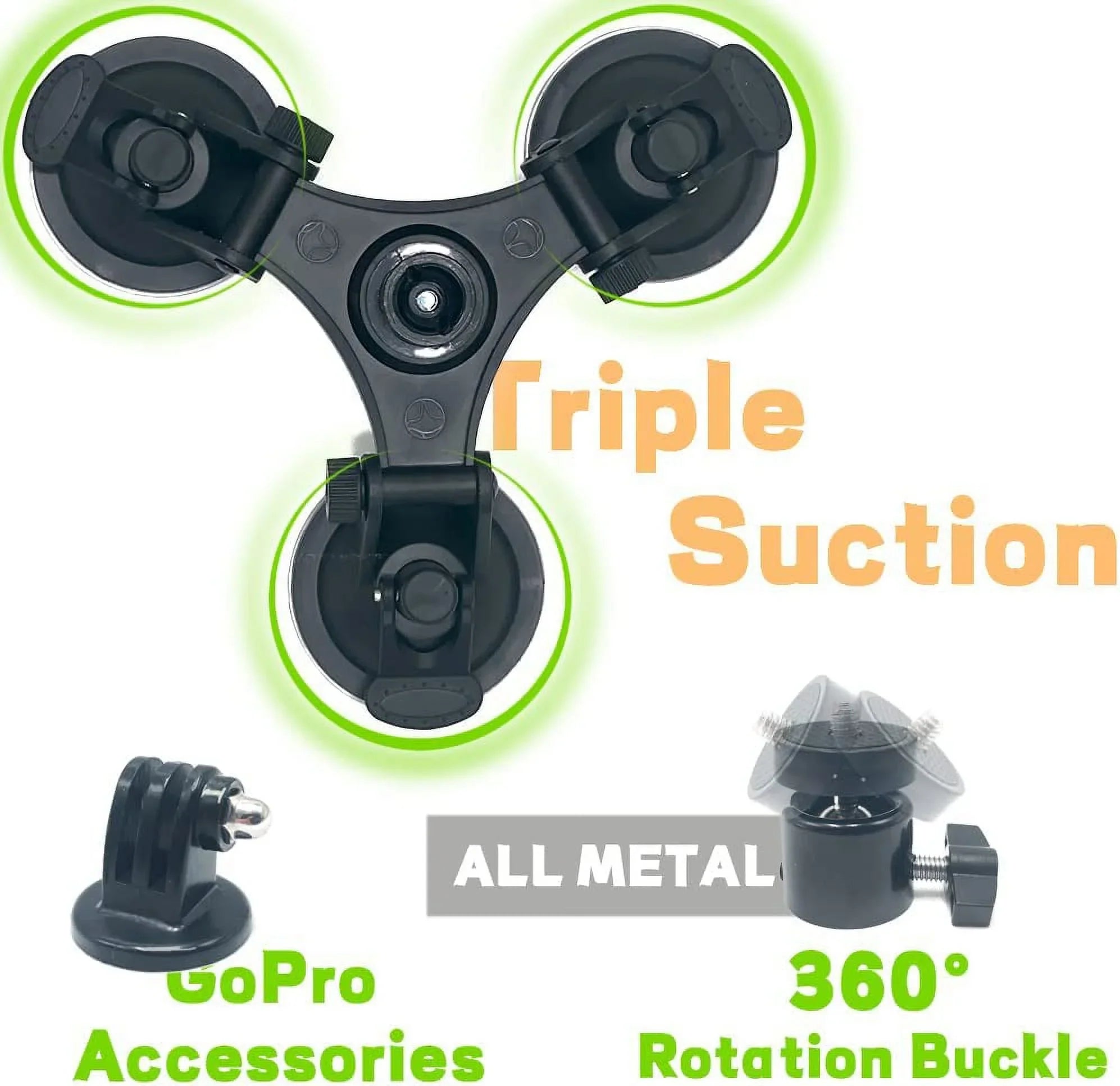 Triple Sizeuction Cup Mount Holder Action Camera Car Windshield Mount with 1/4 Threaded Head 360 Degree Tripod Ball Head
