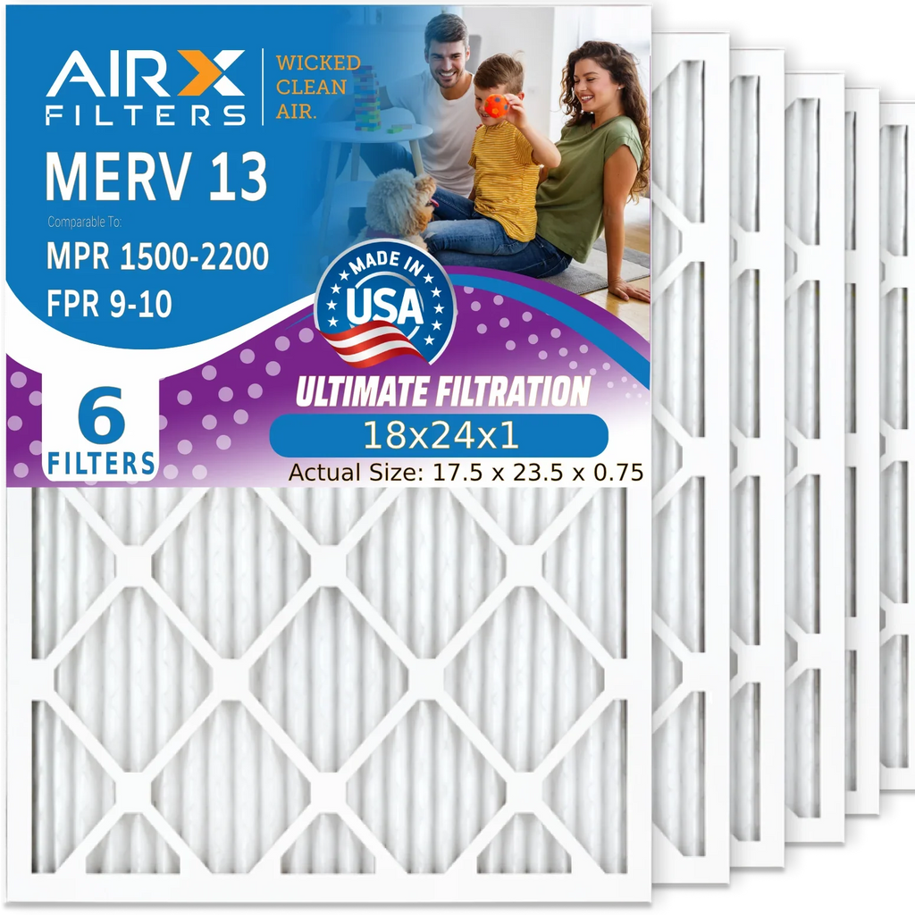 18x24x1 Air Filter MERV 13 Comparable to MPR 1500 - 2200 & FPR 9 Electrostatic Pleated Air Conditioner Filter 6 Pack HVAC AC Premium USizeA Made 18x24x1 Furnace Filters by AIRX FILTERSize WICKED CLEAN AIR.