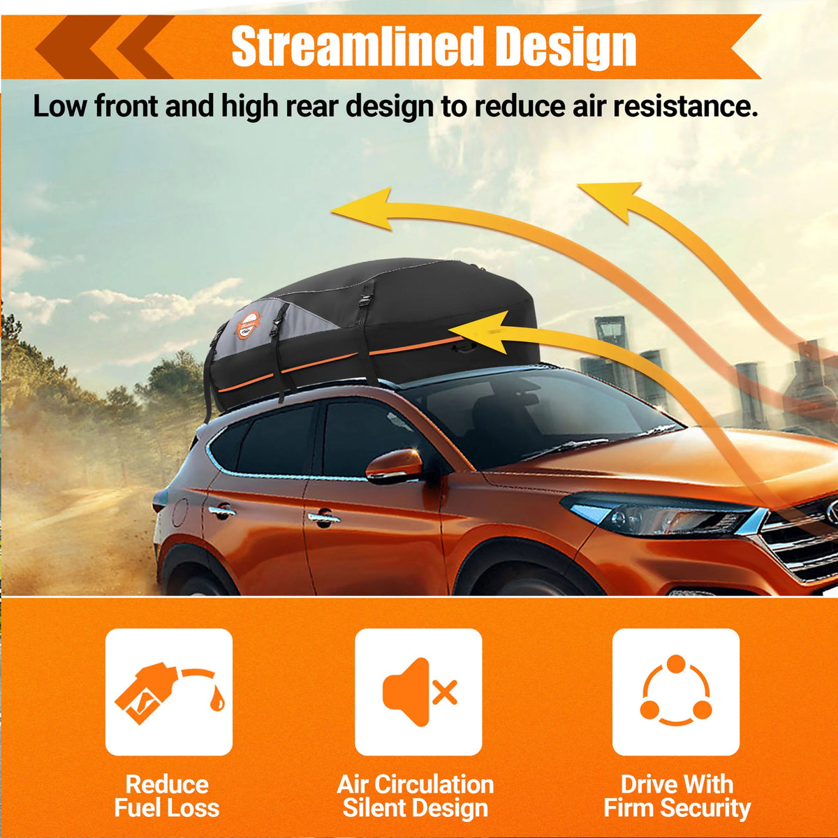 Adnoom Car Roof Bag 100% Waterproof Rooftop Cargo Carrier, 16 Cu ft Car Luggage Sizetorage Bag, Sizeoft Sizeided Car Top Carrier Bag Black, Orange