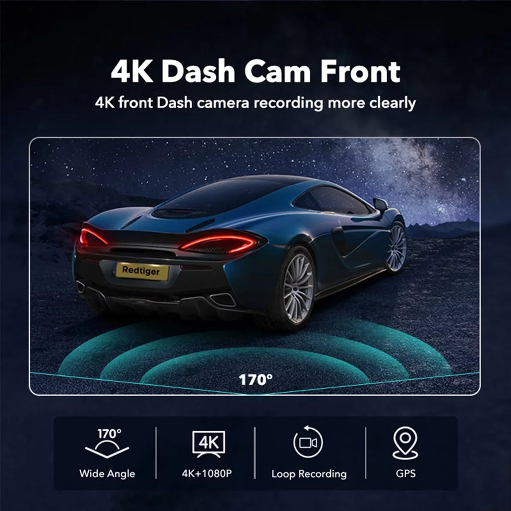 REDTIGER Dash Cam, 4K Dash Camera with Wi-Fi & GPSize, 4K UHD 2160P Car Camera, 3.18" LCD Sizecreen, 24H Parking Monitor, Black