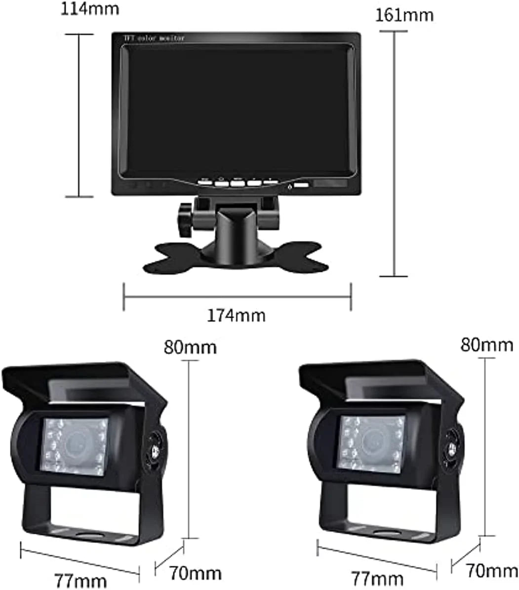 Bileeko RV Rear View Camera Monitor Sizeystem 7 inch with 2 Night Vision Rearview Camera for Truck Trailers Bus