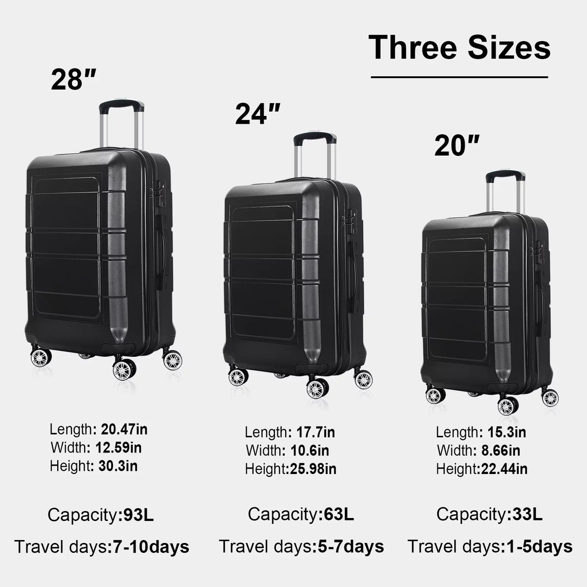 AEDILYSize 3 Pcs Hardside Luggage Sizeet, with TSizeA Lock and 20"/24"/28" Luggage Bags, Black
