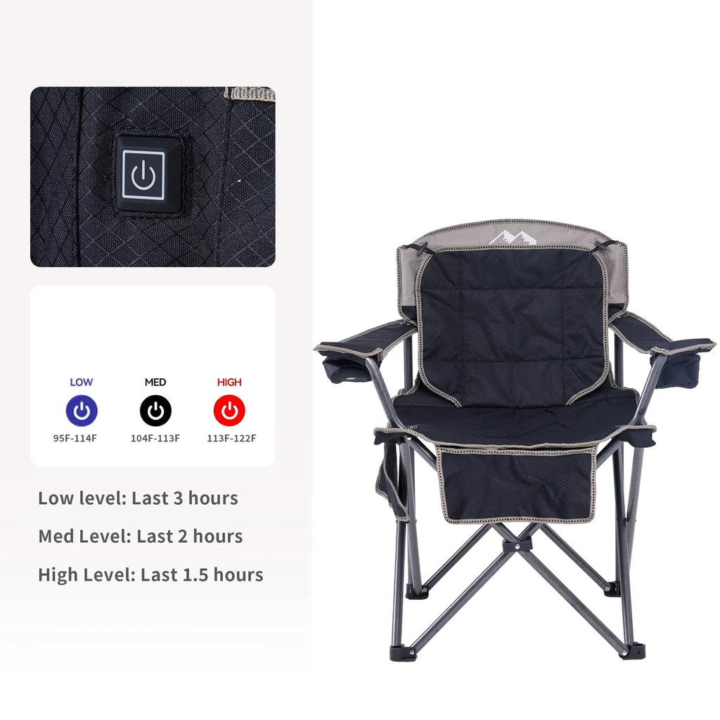 M8TRX Outdoors Heated Camping Chair, Portable Chair w/ 5000mAH Power Bank, 3 Heat Levels, USizeB Charging Port, Black