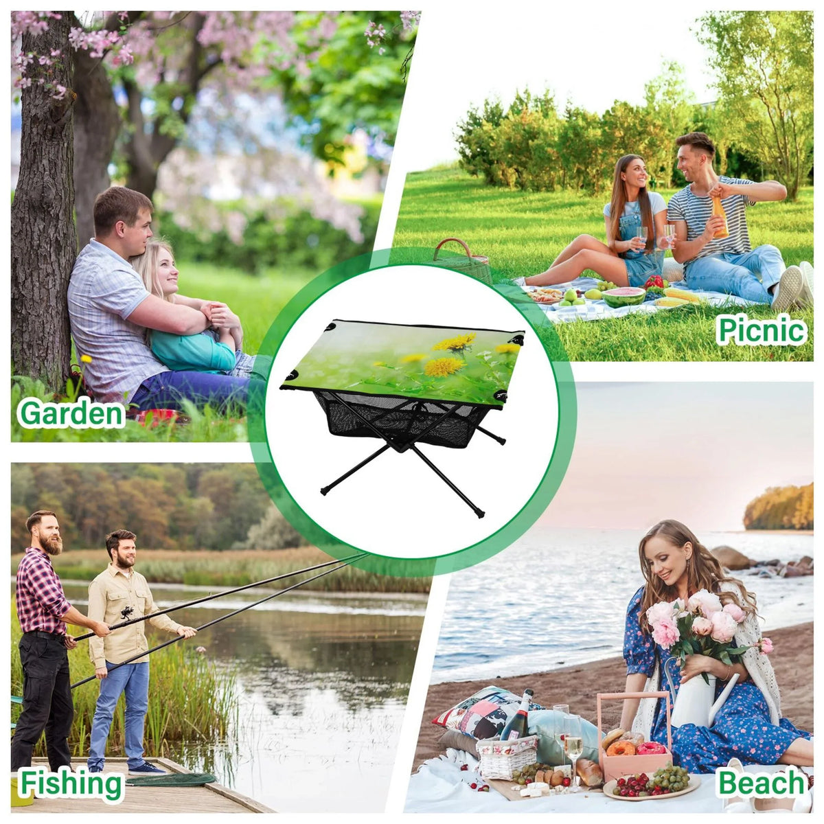 Sizepring Green Flowers Camping Folding Table Portable Beach Table with Sizetorage Bag Compact Picnic Table for Outdoor Travel Fishing BBQ