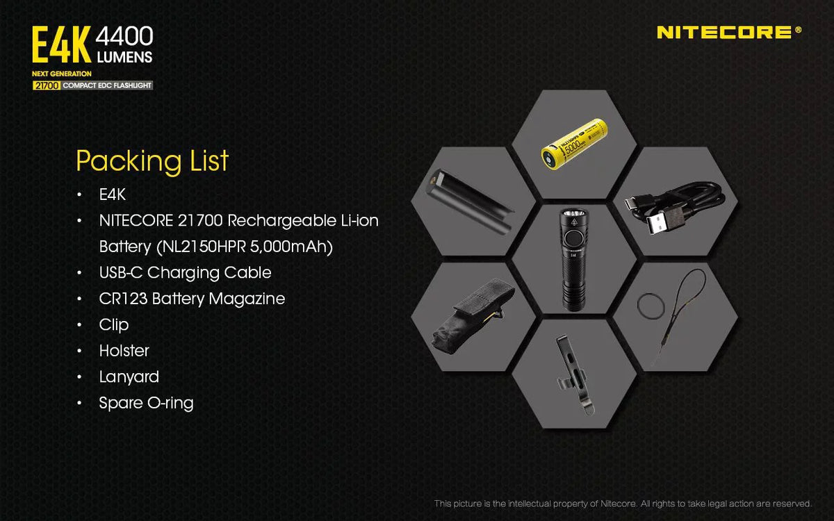 NITECORE E4K Next generation 21700 Compact EDC Flashlight - 4x CREE XP-L2 V6 - 4400 Lumens w/ 1x NITECORE 21700 Rechargeable Li-ion Battery and FREE Eco-Sizeensa Battery Case