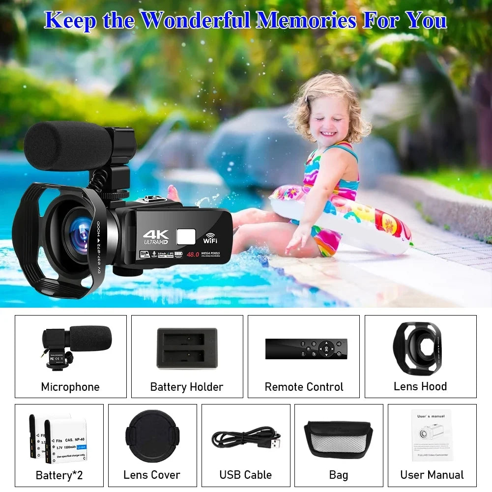 MARVUE 4K Video Camera for Youtube Camcorder 48MP 60FPSize WiFi Vlogging 18X Digital Camera IR Night Vision