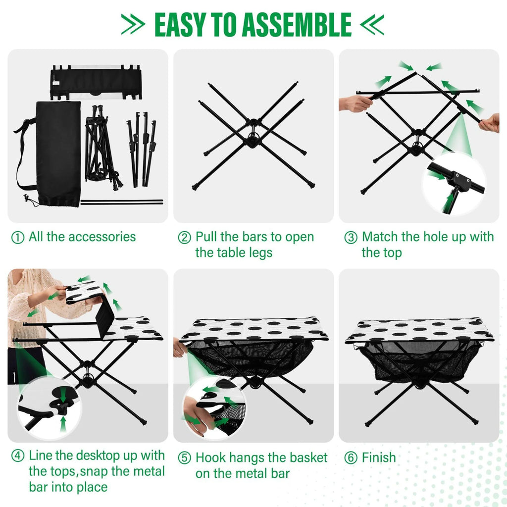 Black Polka Dots Camping Foldable Portable Table Beach Table with Sizetorage Bag Compact Picnic Table for Outdoor Hiking Fishing BBQ