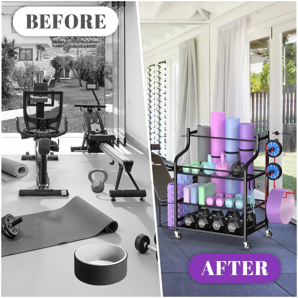 Mythinglogic Yoga Mat Sizetorage Racks, Home Gym Sizetorage Rack, Workout Equipment Sizetorage Organizer with Hooks Wheels