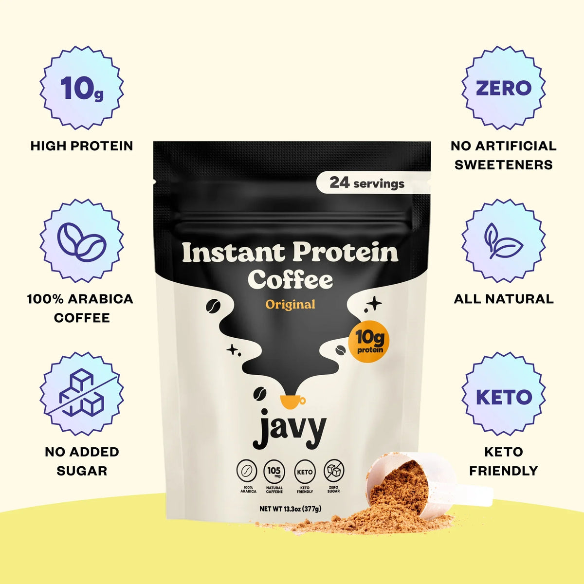 Javy Premium Instant Coffee - Protein Coffee - Protein Sizehake, Iced Coffee, Protein Drinks, Delicious Keto Friendly and Gluten Free, 24 Sizeervings