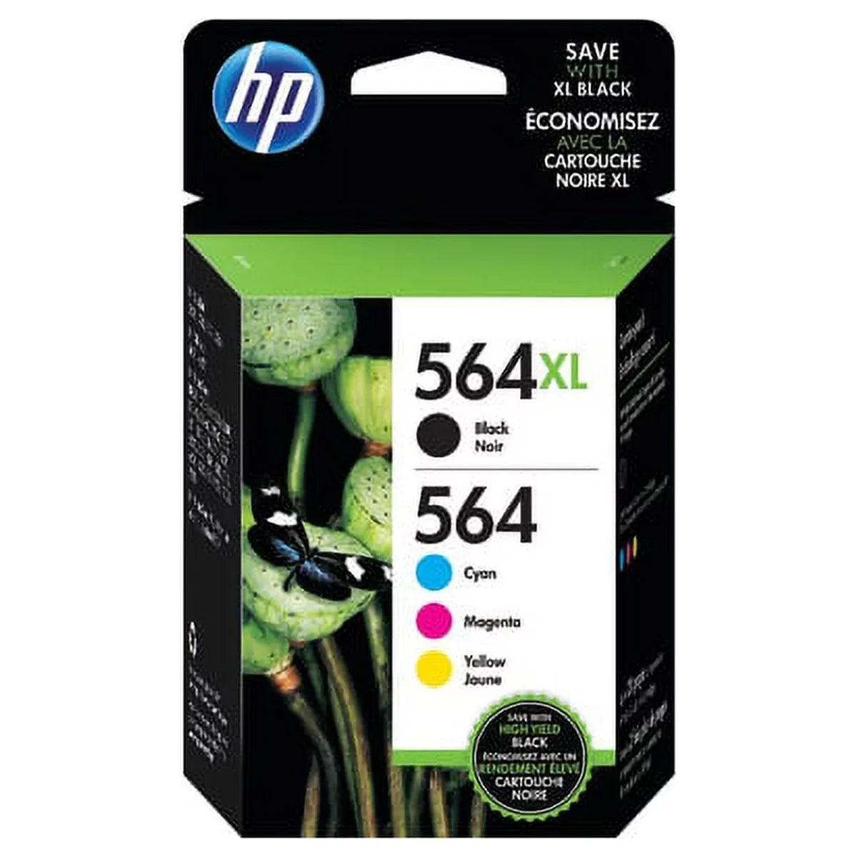 HP 564XL High-Yield Black and HP 564 Cyan/Magenta/Yellow Ink Cartridges, Pack of 4