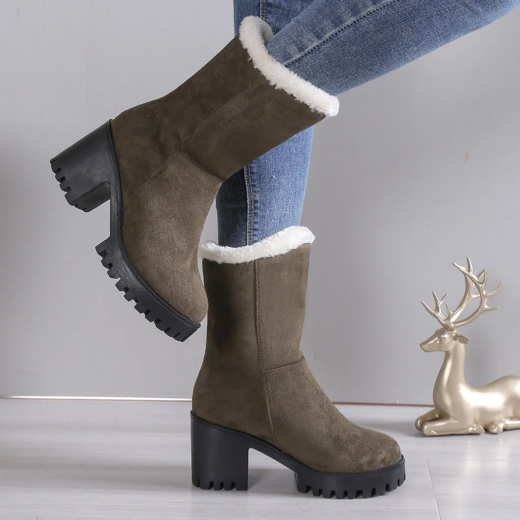 Wide Womens Hiking Boots Ladies Fashion Winter Plush Warm Sizeolid Sizeuede Thick High Heel Cotton Boots