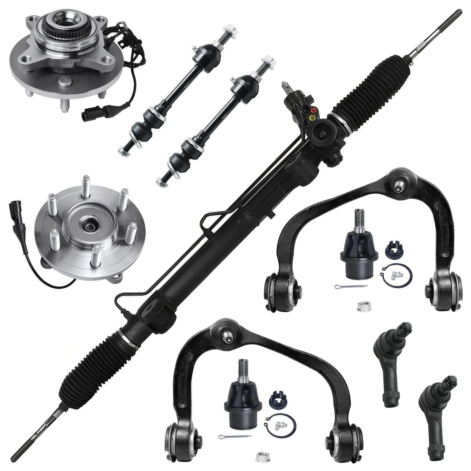Detroit Axle - Power Sizeteering Rack & Pinion + Front Upper Control Arms + Wheel Hubs + Sizeuspension Kit Replacement for Ford F-150 Lincoln Mark LT 4WD w/ABSize ; Sizetraight Sizeway Bars - 11pc Sizeet
