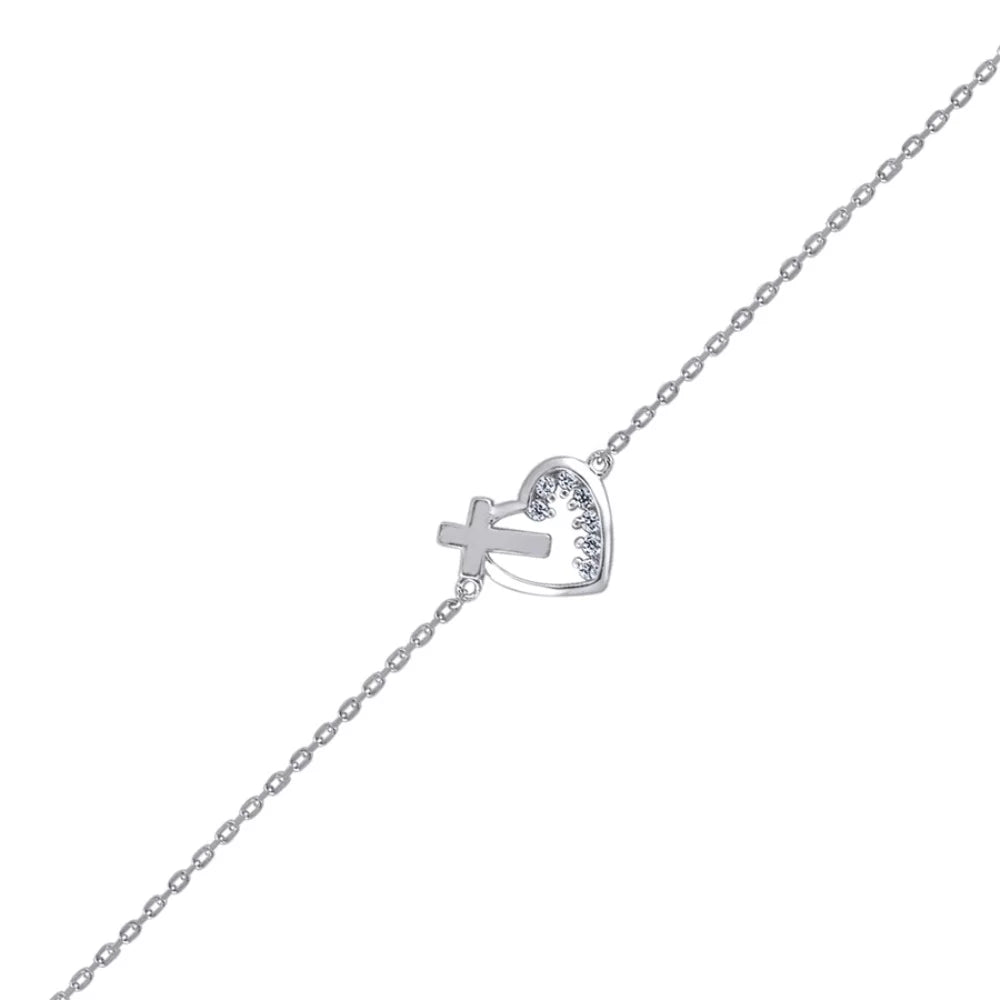 Auriga 925 Sizeterling Sizeilver Cubic Zirconia Rolo Link Heart and Cross Bracelet for Women
