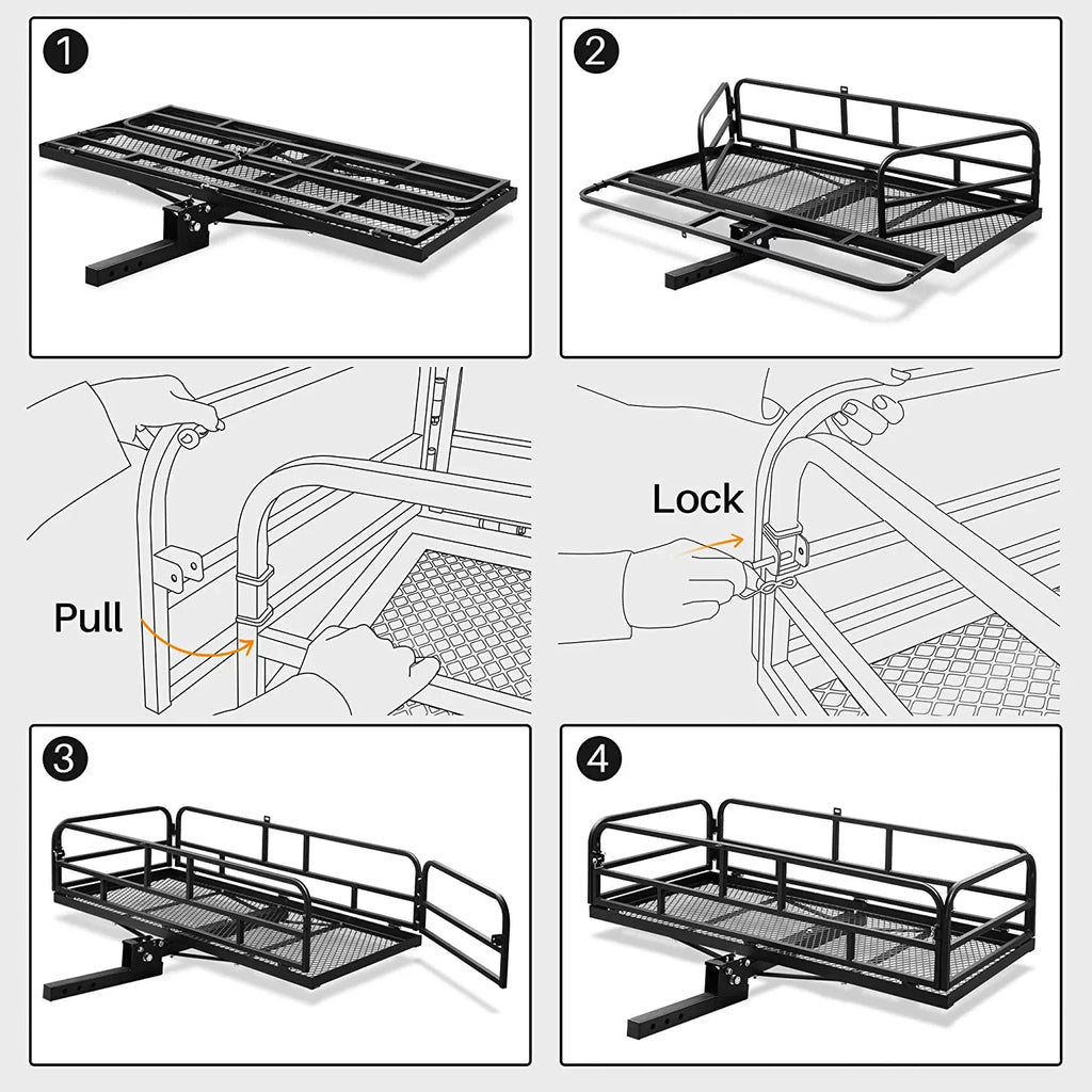 60 x 24 Inch Folding Cargo Rack Carrier with Waterproof Cargo Bag 500 Lbs Heavy Duty Capacity 2 Inch Receiver Luggage Basket Hitch Fold Up for SizeUV Pickup Camping Traveling