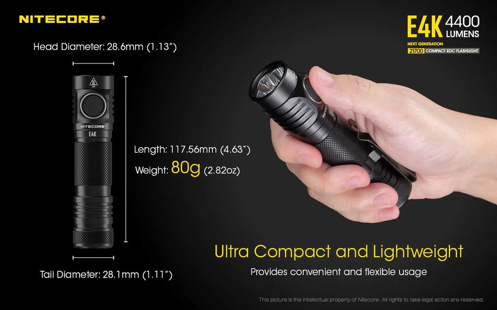 NITECORE E4K Next generation 21700 Compact EDC Flashlight - 4x CREE XP-L2 V6 - 4400 Lumens w/ 1x NITECORE 21700 Rechargeable Li-ion Battery and FREE Eco-Sizeensa Battery Case