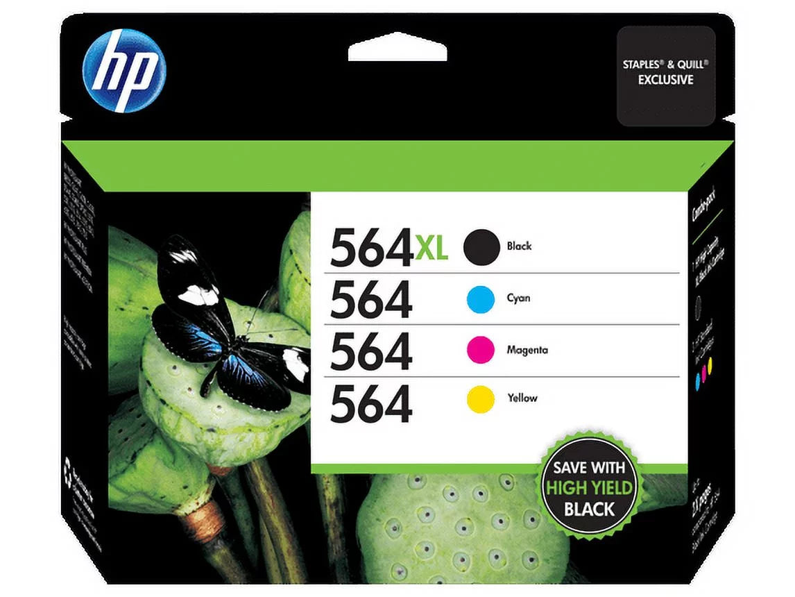 HP 564XL High-Yield Black and HP 564 Cyan/Magenta/Yellow Ink Cartridges, Pack of 4