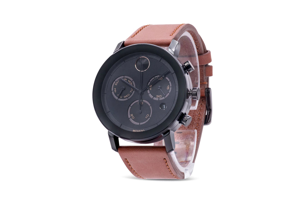 Movado Bold Evolution Black Ion Chronograph Cognac Brown Leather Mens Watch 3600758