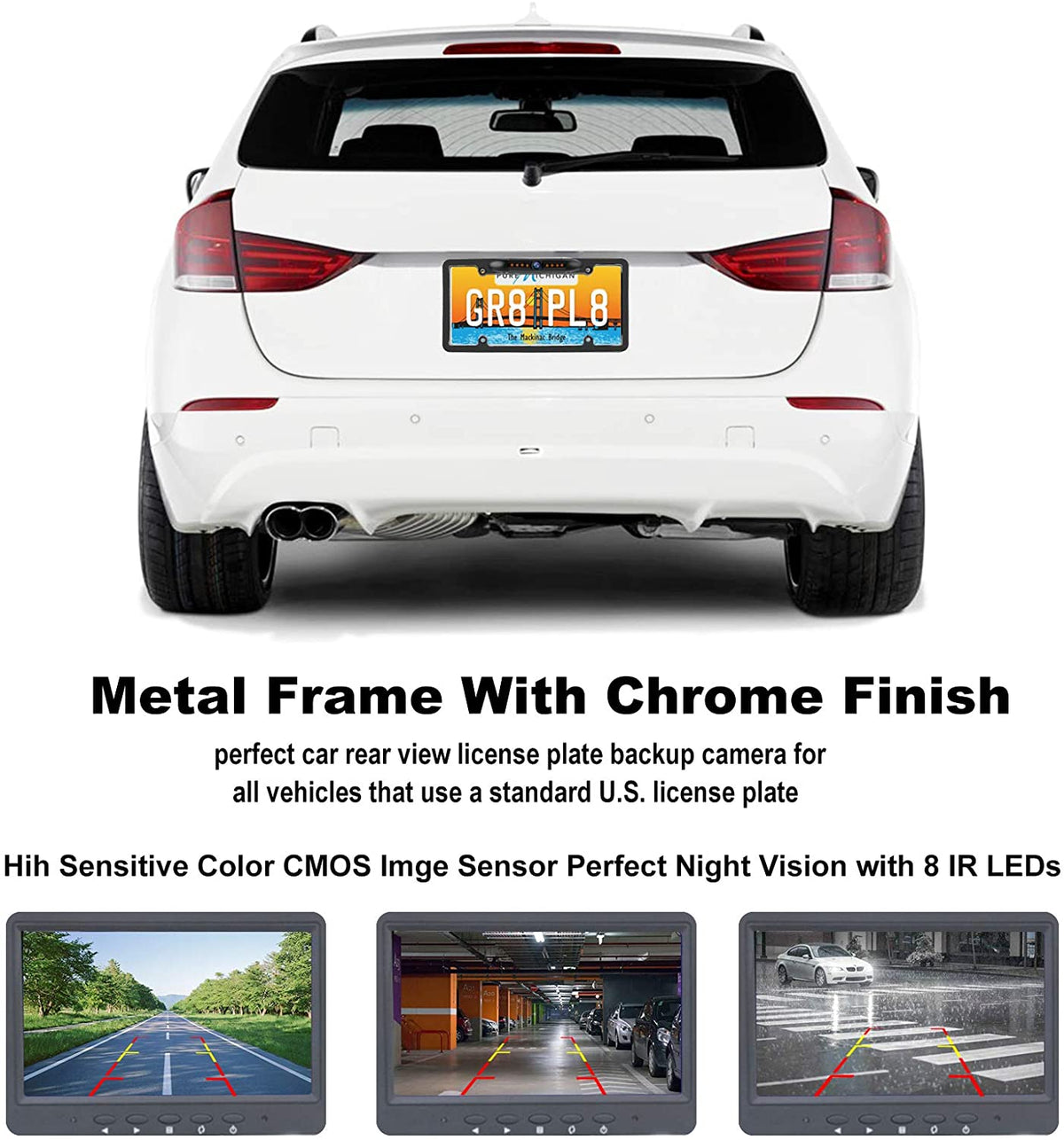 JPP License Plate Backup HD Camera, Rear View Camera 170° Viewing Angle Universal Night Vision Waterproof High