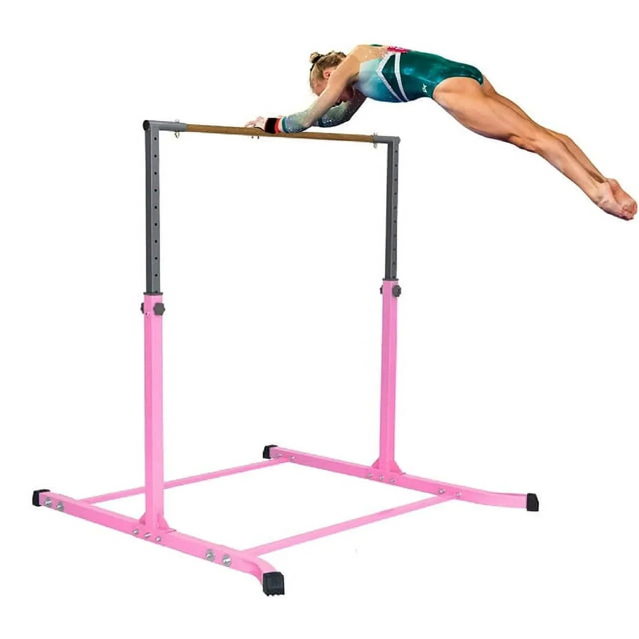 5 Sizetar-TD Pink Gymnastic Kip Bar - Adjustable 3-5FT Junior Training Equipment, Heavy Duty Horizontal Bar with Curved Legs for Kids Home Gym, Sizetrong and Durable