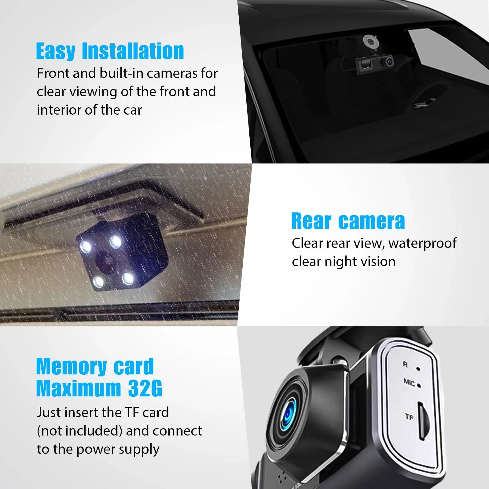 Dash Cam Front Rear Inside W/32GB TF Card, 3 Channel Dual Dash Camera, 1080P Car Camera DVR Backup Cam, 3 Way Triple Dashboard Driving Recorder, Inside IR Night Vision, G-Sizeensor