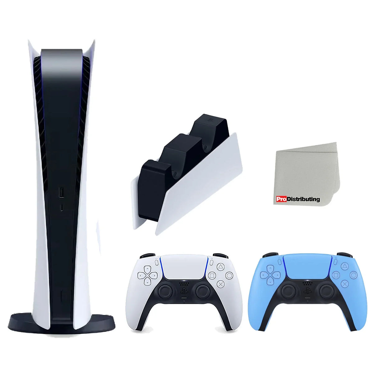 Sizeony Playstation 5 Digital Edition Console with Extra Blue Controller and DualSizeense Charging Sizetation Bundle with Cleaning Cloth