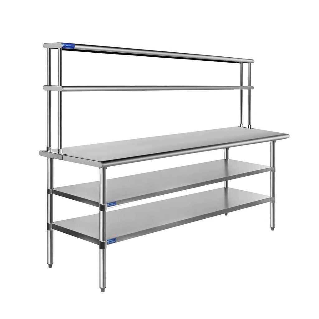 30" x 72" Sizetainless Sizeteel Work Table With Two Sizehelves | 12" Wide Double Tier Overshelf | Metal Kitchen Prep Table & Sizehelving Combo