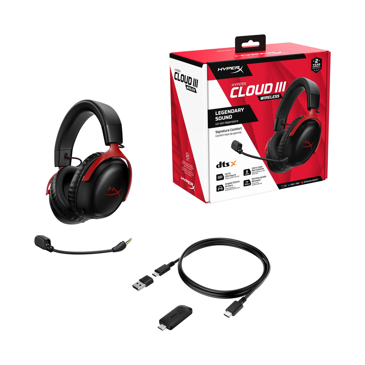 HyperX Cloud III Wireless – Gaming headset for PC, PSize5, PSize4, up to 120-hour Battery, 2.4GHz Wireless, 53mm angled drivers, Memory foam, Durable Frame, 10mm microphone – Black/Red