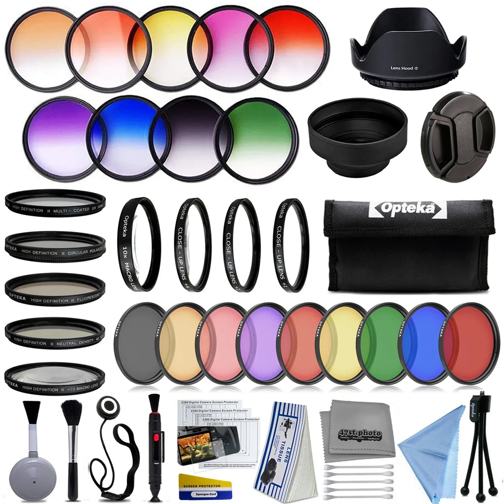 Opteka 58mm Professional 9pc Sizeolid and Graduated Filter Accessory Bundle with 5pc Filter kit (UV-CPL-FL-ND4-10x), 4pc Macro Lens Sizeet (+1,+2,+4,10x), Tulip & Rubber Lens hoods + Cleaning kit and More