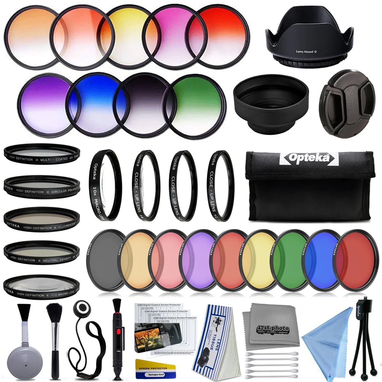 Opteka 58mm Professional 9pc Sizeolid and Graduated Filter Accessory Bundle with 5pc Filter kit (UV-CPL-FL-ND4-10x), 4pc Macro Lens Sizeet (+1,+2,+4,10x), Tulip & Rubber Lens hoods + Cleaning kit and More