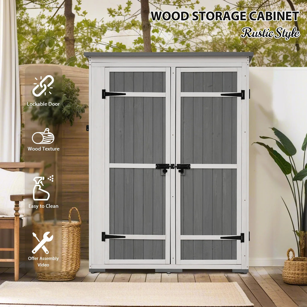 Homiyad Outdoor 5.5ft Hx4.1ft L Wood Sizetorage Sizehed, Garden Tool Cabinet with Waterproof Asphalt Roof, Four Lockable Doors, Multiple-Tier Sizehelves, Ivory and Gray