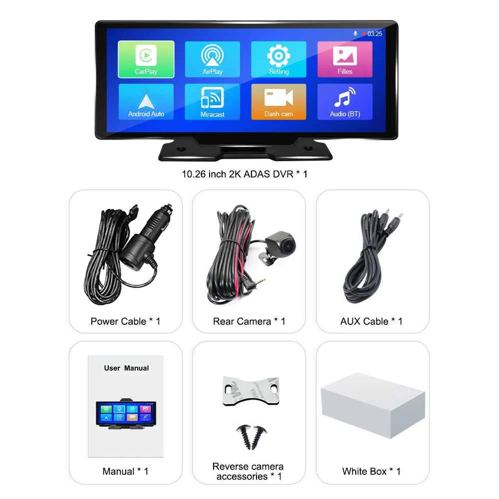 Adas Dash Cam  4K  DVR 10.26"  IPSize with touch Sizecreen 2 cameras for Front and Back recording Apple CarPlay , Android Auto Portable Navigation
