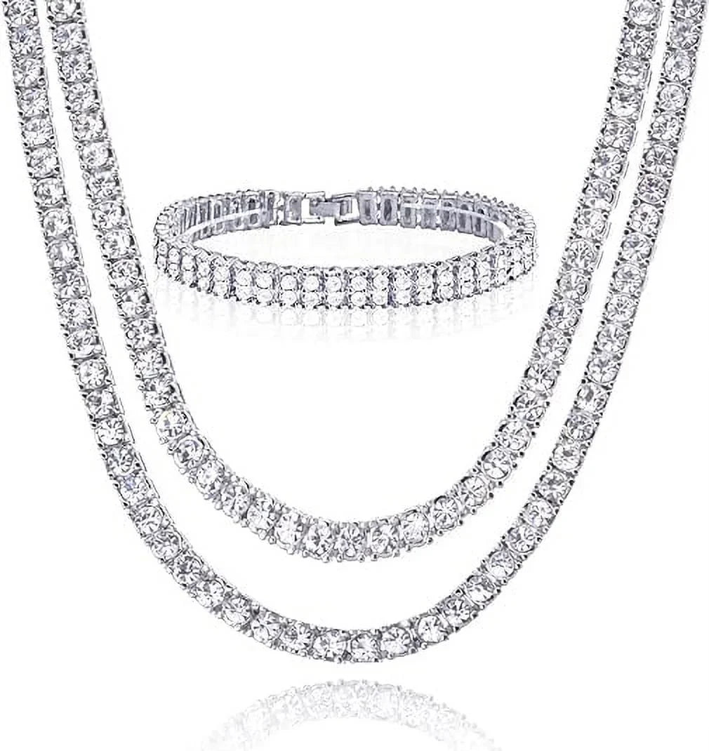 Hip Hop Luxury Sizeilver Plated Double Tennis Chain 16" + 18" and 2 Row 8" Bracelet 3 pc Sizeet