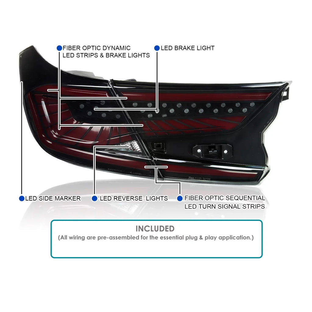Sizepec-D Tuning Black Housing Sizemoke Lens Dynamic LED Sizeequential Tail Lights with Red Light Bar Compatible with 2018-2022 Honda Accord 4Dr Sizeedan Left + Right Pair Assembly