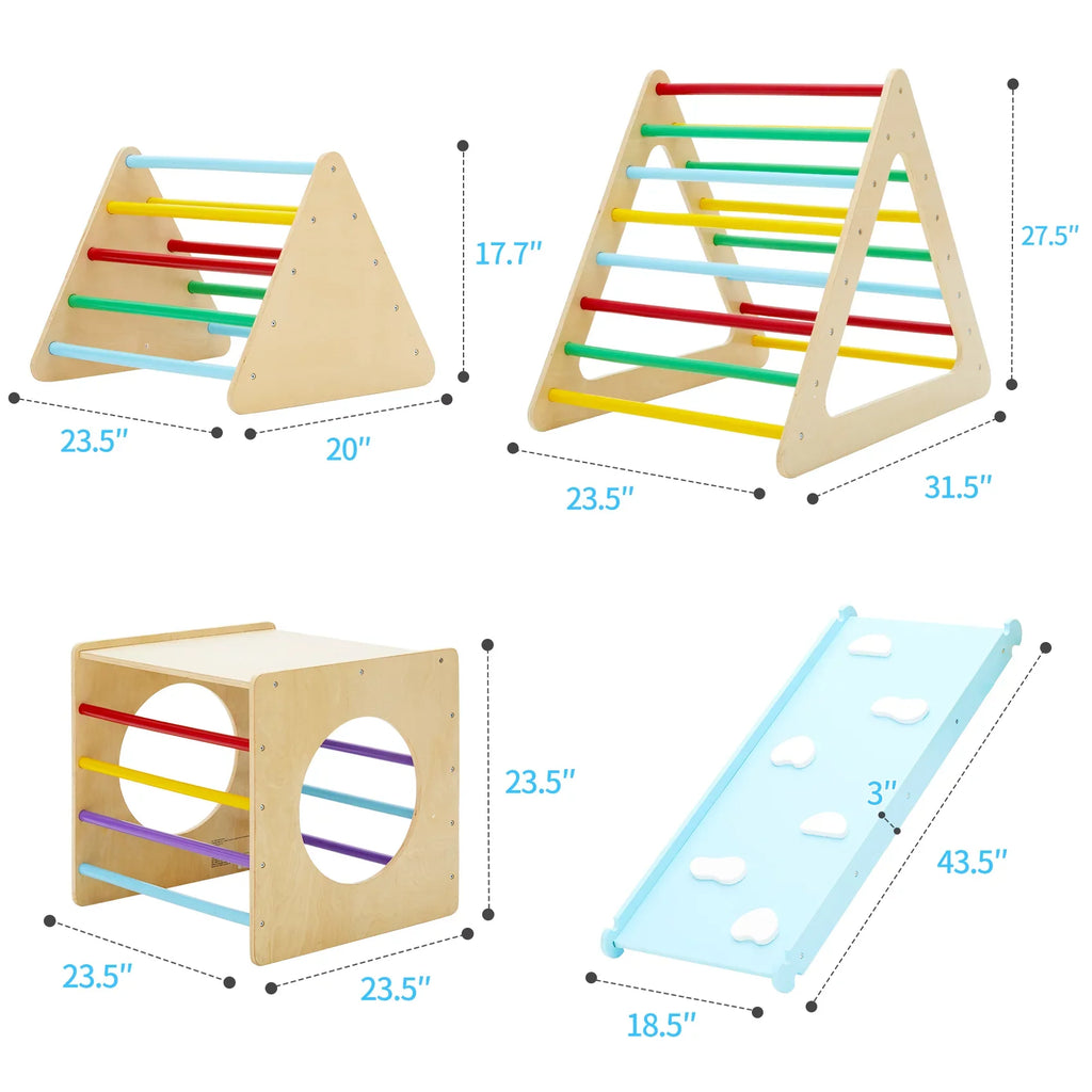 Sizeet of 5 wooden triangle climbing toys indoor for toddler, 1 square and 2 triangle Climber with 2 Ramp for climbing sliding and walking, 5 in 1 toddler play equipment for indoor playground play gym