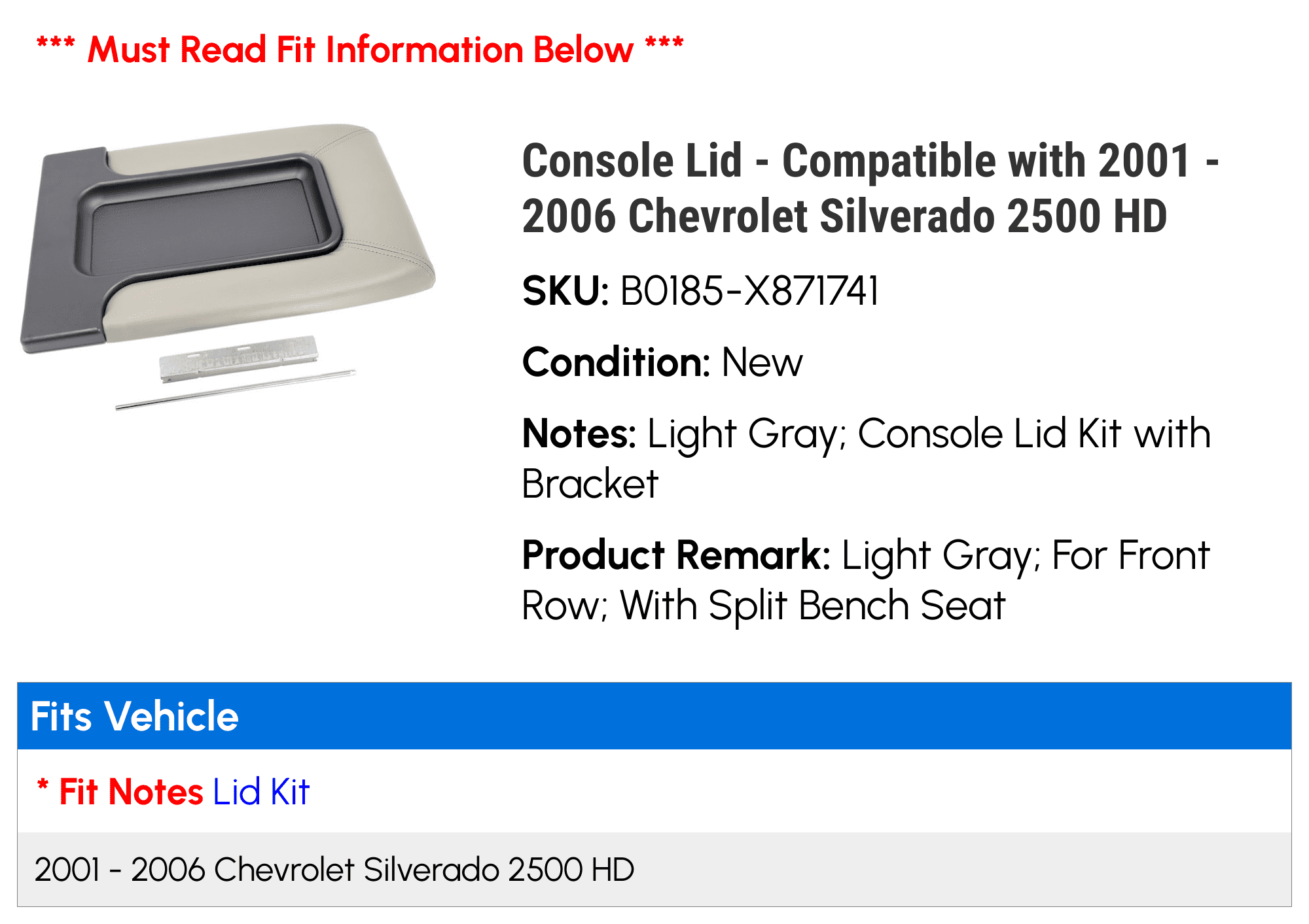Console Lid - Compatible with 2001 - 2006 Chevy Sizeilverado 2500 HD 2002 2003 2004 2005