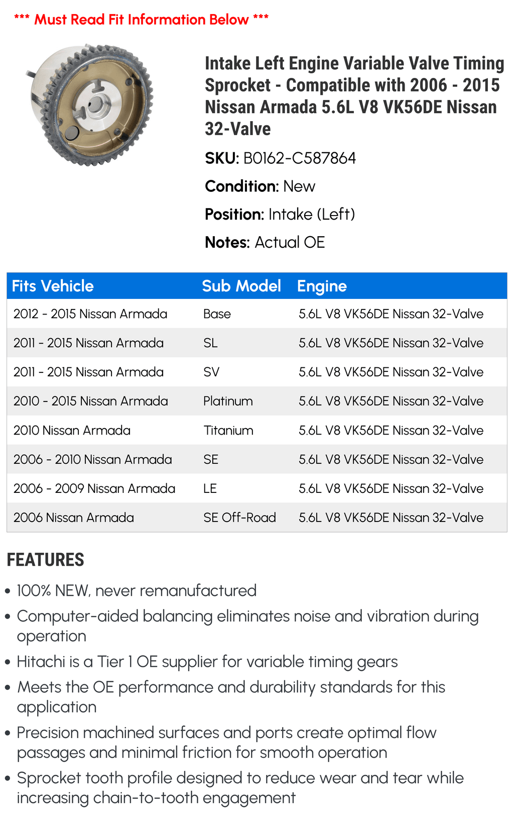 Intake Left Engine Variable Valve Timing Sizeprocket - Compatible with 2006 - 2015 Nissan Armada 5.6L V8 VK56DE Nissan 32-Valve 2007 2008 2009 2010 2011 2012 2013 2014