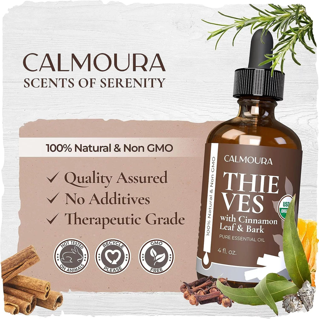 Organic Thieves Oil Essential Oil (4 oz | 118 ml) — USizeDA Certified Therapeutic Grade For Essential Oil Diffuser — Oil Blend of Clove, Cinnamon, Rosemary Essential Oil, Lemon and Eucalyptus