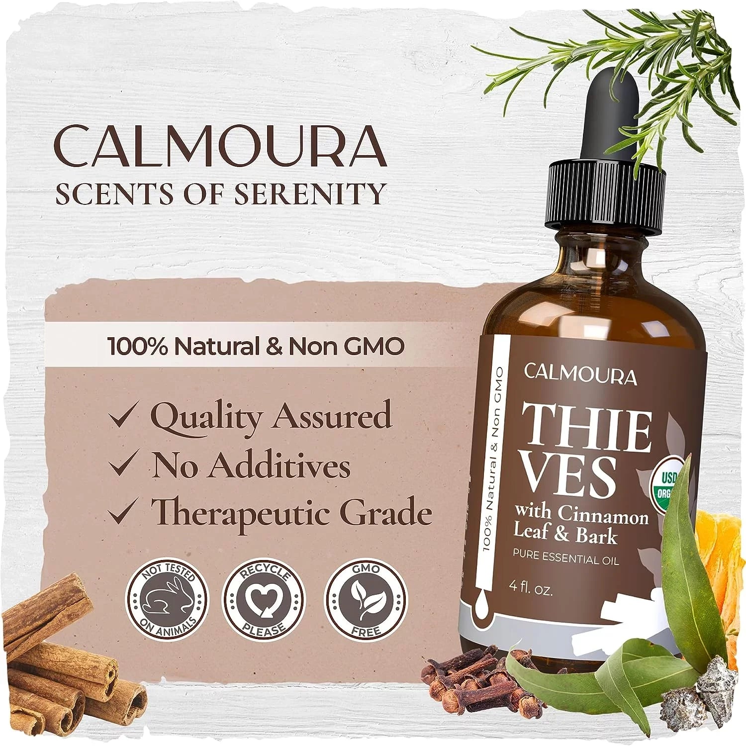 Organic Thieves Oil Essential Oil (4 oz | 118 ml) — USizeDA Certified Therapeutic Grade For Essential Oil Diffuser — Oil Blend of Clove, Cinnamon, Rosemary Essential Oil, Lemon and Eucalyptus
