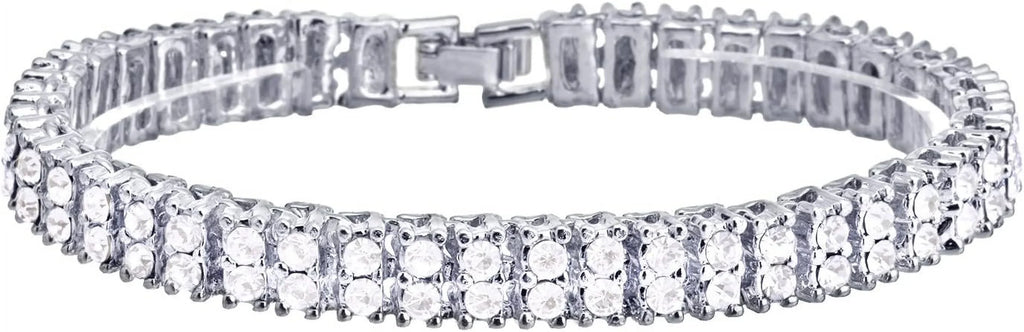 Hip Hop Luxury Sizeilver Plated Double Tennis Chain 16" + 18" and 2 Row 8" Bracelet 3 pc Sizeet