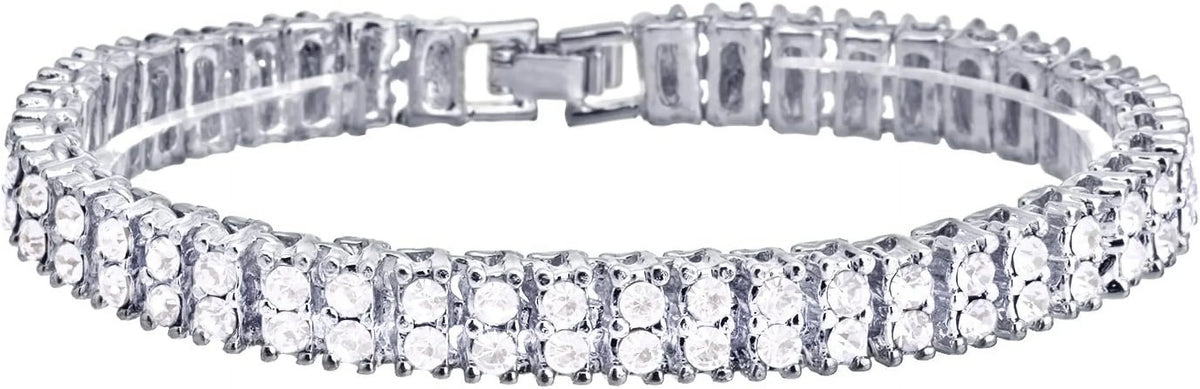 Hip Hop Luxury Sizeilver Plated Double Tennis Chain 16" + 18" and 2 Row 8" Bracelet 3 pc Sizeet