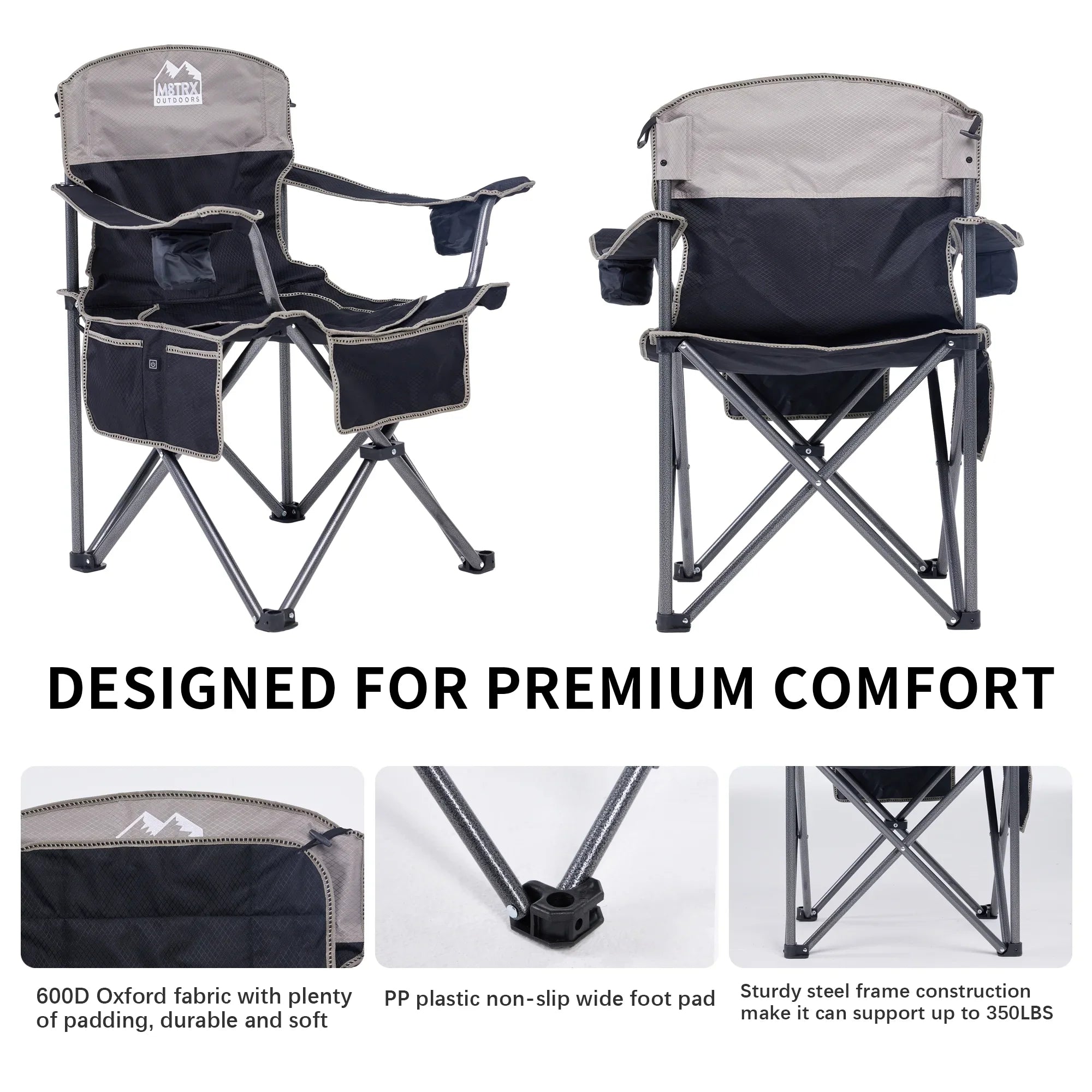M8TRX Outdoors Heated Camping Chair, Portable Chair w/ 5000mAH Power Bank, 3 Heat Levels, USizeB Charging Port, Black