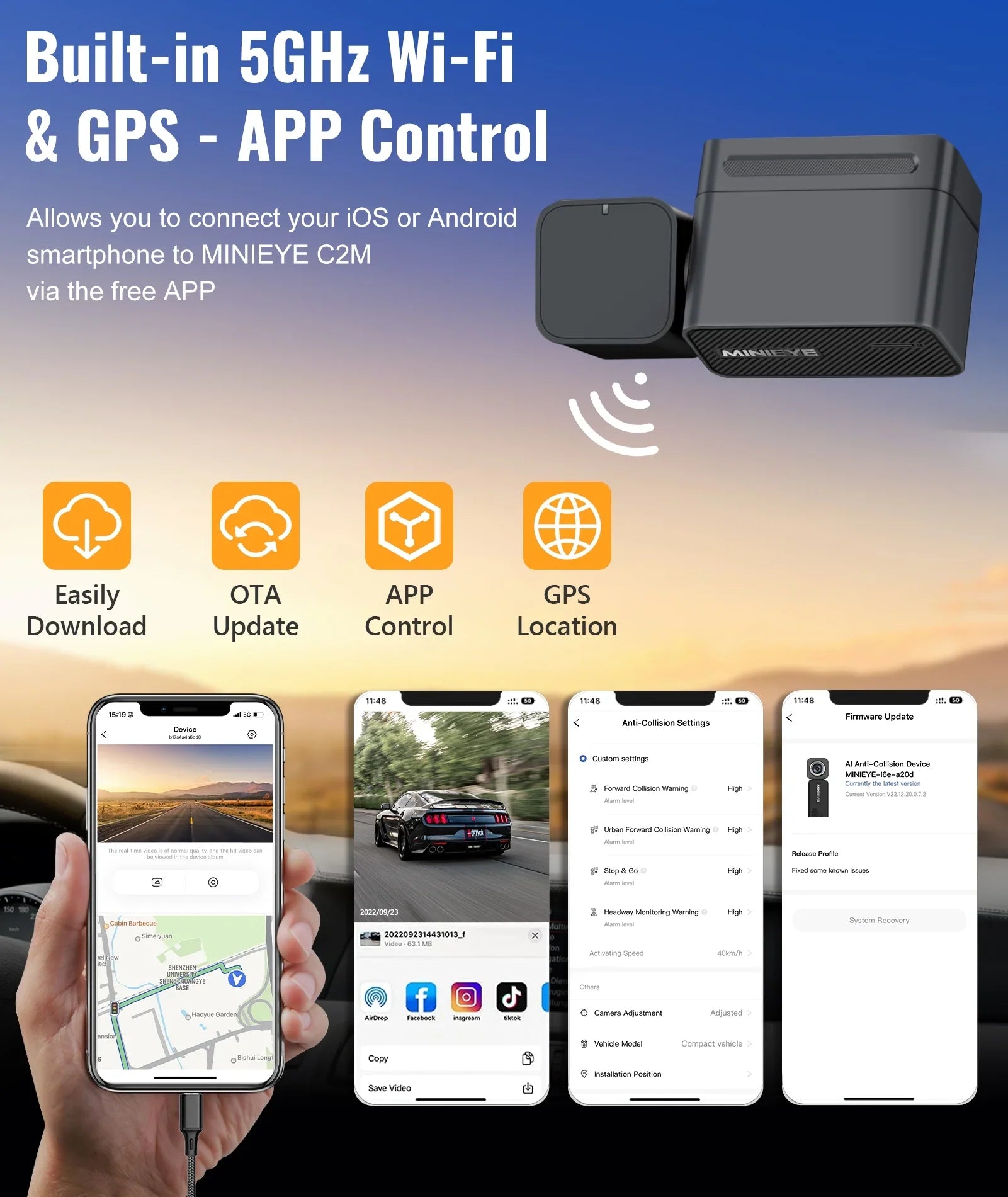 MINIEYE C2M 4K Dash Cam Front and Rear, Dual Dash Camera for Cars 4K+1080P -  AI Collision Avoidance Device, 2.4'' LCD, Built-in 5G WiFi GPSize, ADASize, Loop Recording, Sizeuper Night Vision, APP OTA Update