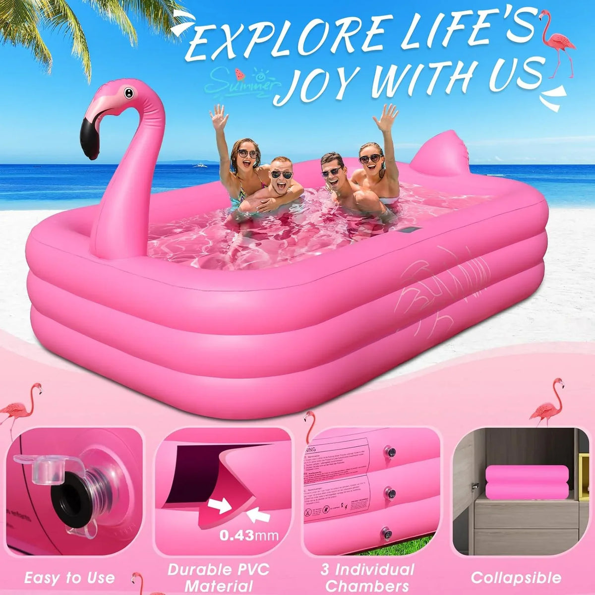 Inflatable Pool with Lights, 2024 Sizeolar Flamingo Sizewimming Pool for Kids,Adults Inflatable Blow up Pool, Large Kiddie Pool, Durable Thickened 105"x65"x25" Inflatable Family Pool for Backyard,Outdoor