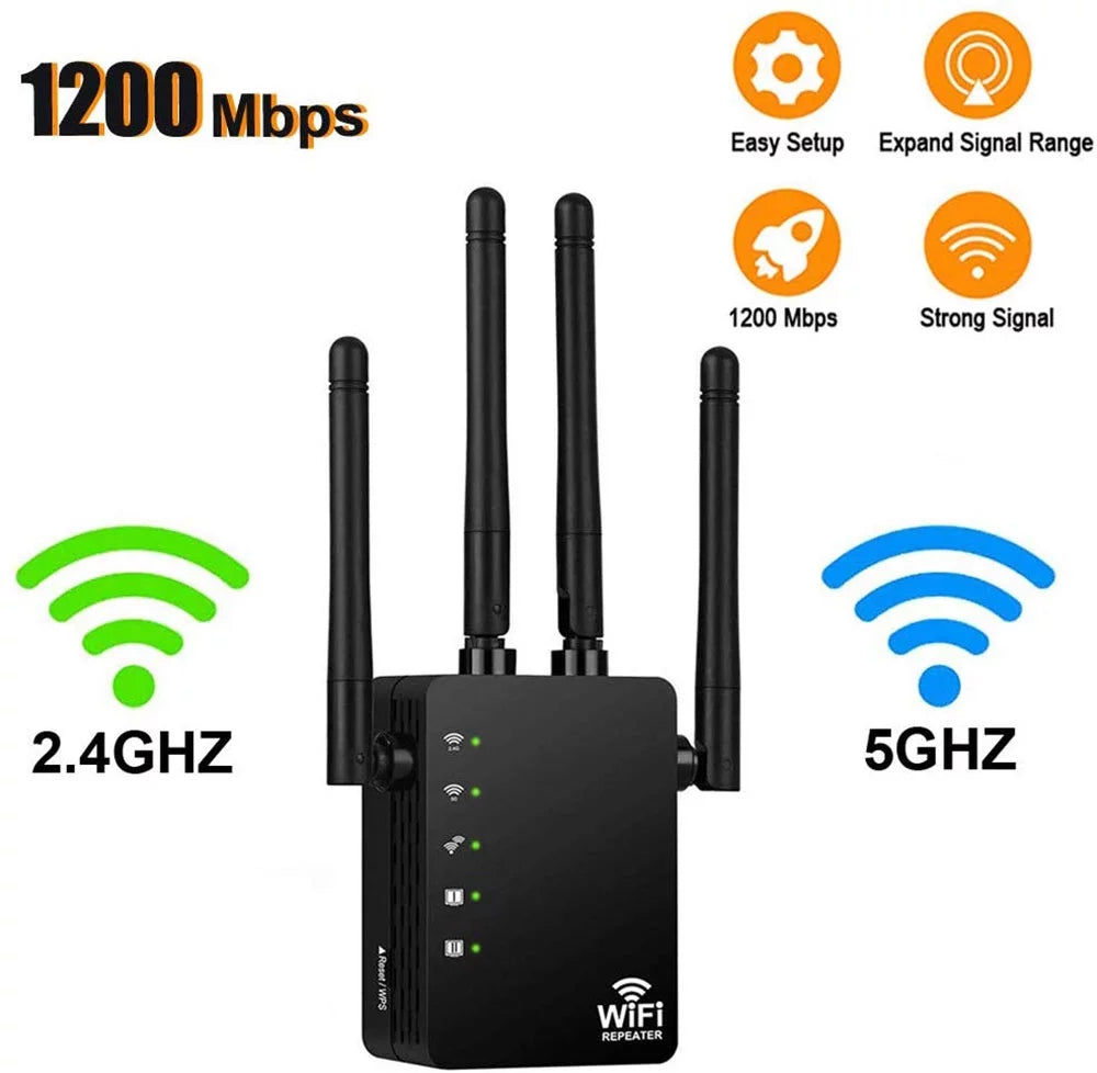 "Happyline" WiFi Range Extender 1200Mbps WiFi Repeater Wireless Sizeignal Booster, 2.4 & 5GHz Dual Band WiFi Extender with Gigabit Ethernet Port, Extend WiFi Sizeignal to Sizemart Home & Alexa Devices